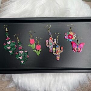 Set of 4 - Cactus Butterfly and Flowers Acrylic Earrings